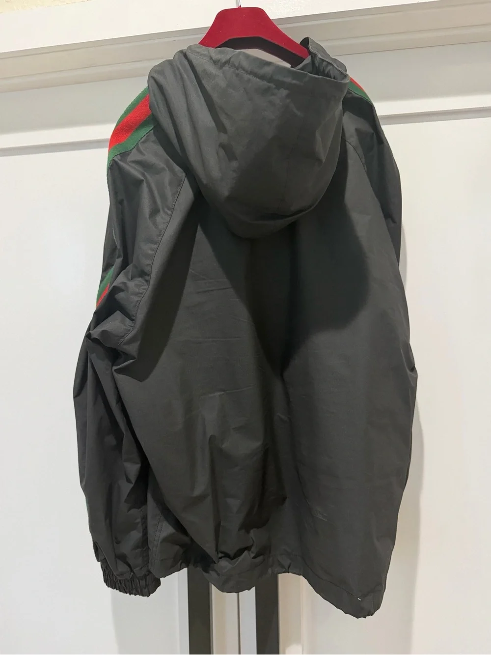 Gucci Black Hooded Windbreaker with Red & Green Accent Stripes